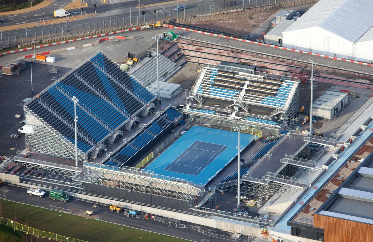 An aerial picture of a tennis court.