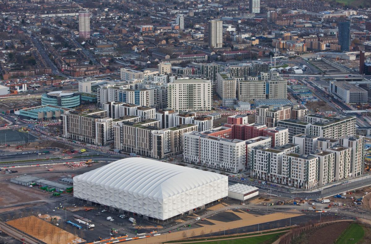 Aerial of Basketball Arena and Olympic Village