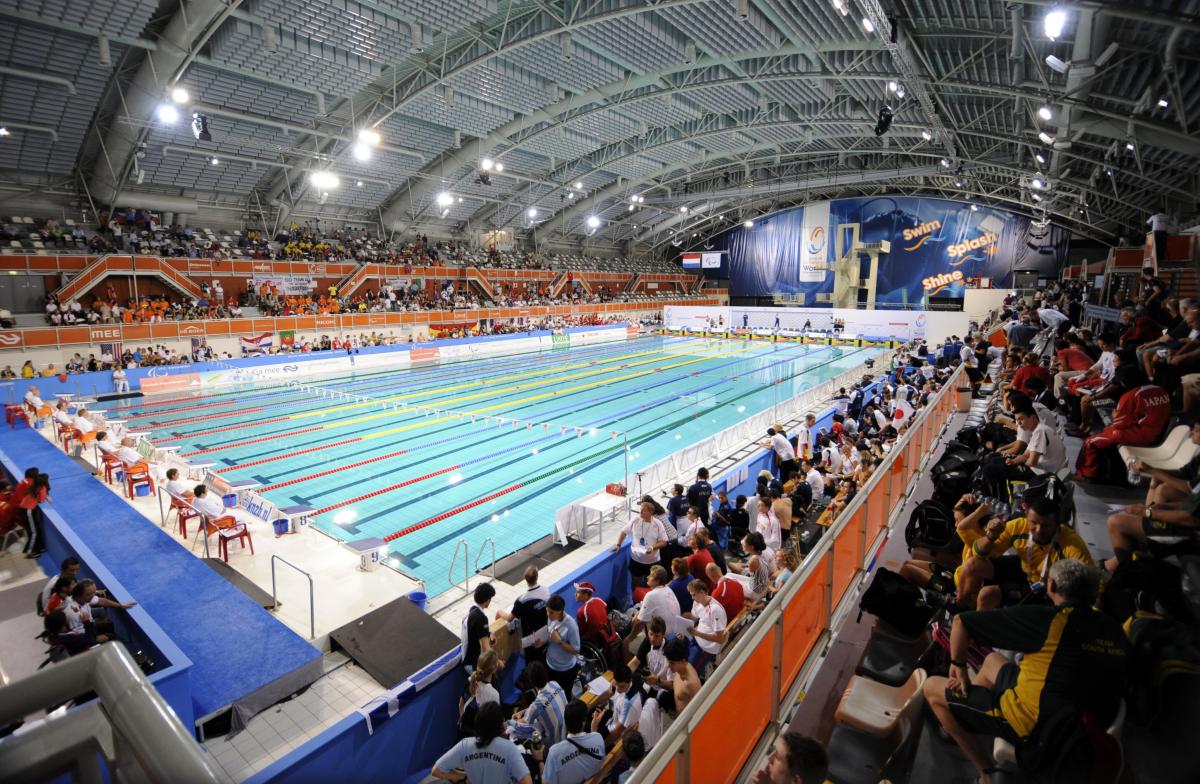 An aerial picture of a pool