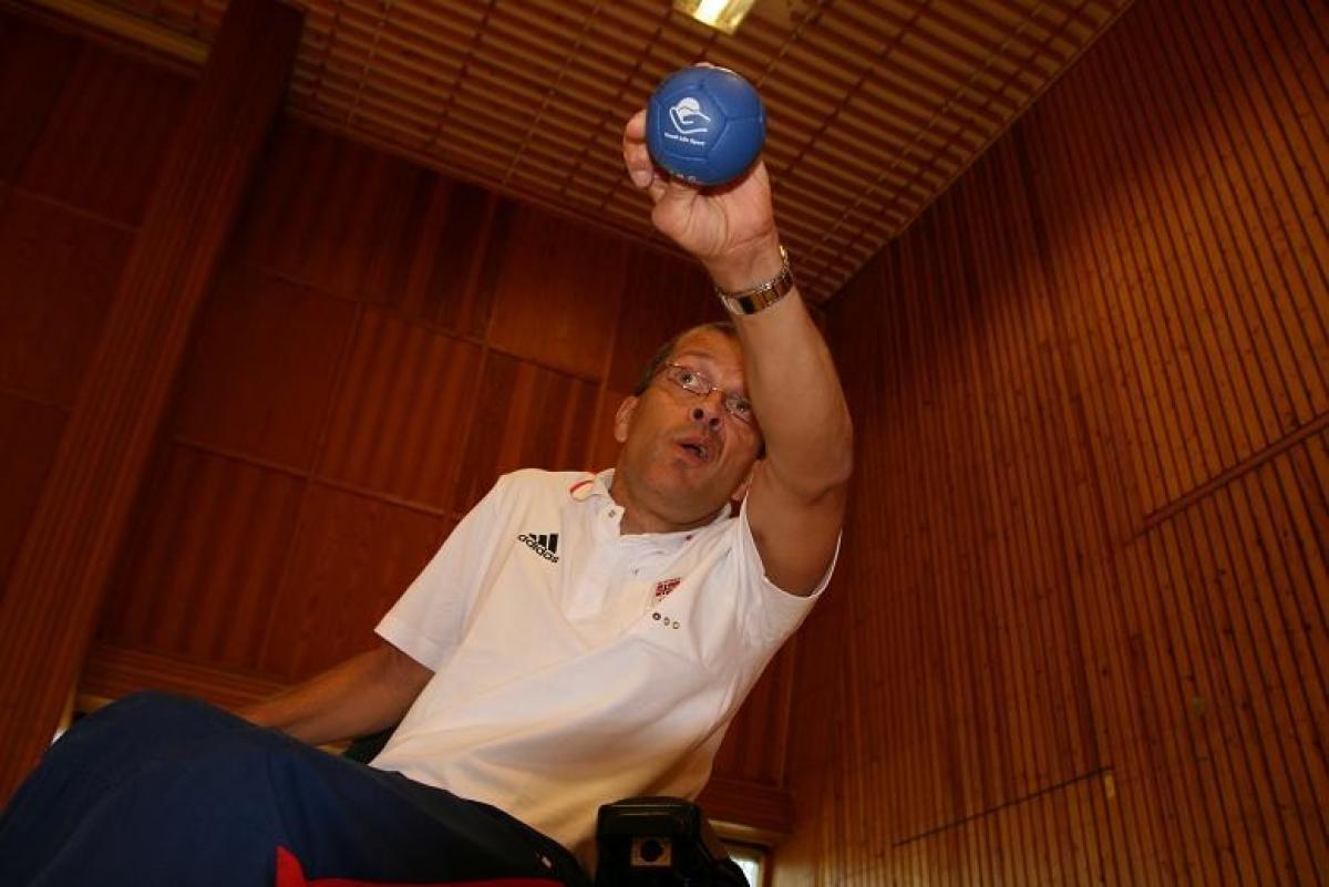 A picture of a man playing Boccia