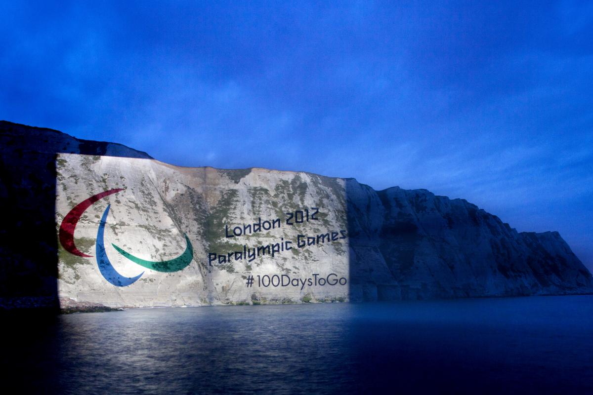 The Paralympic Symbol Projected onto the White Cliffs of Dover to mark 100 days to go