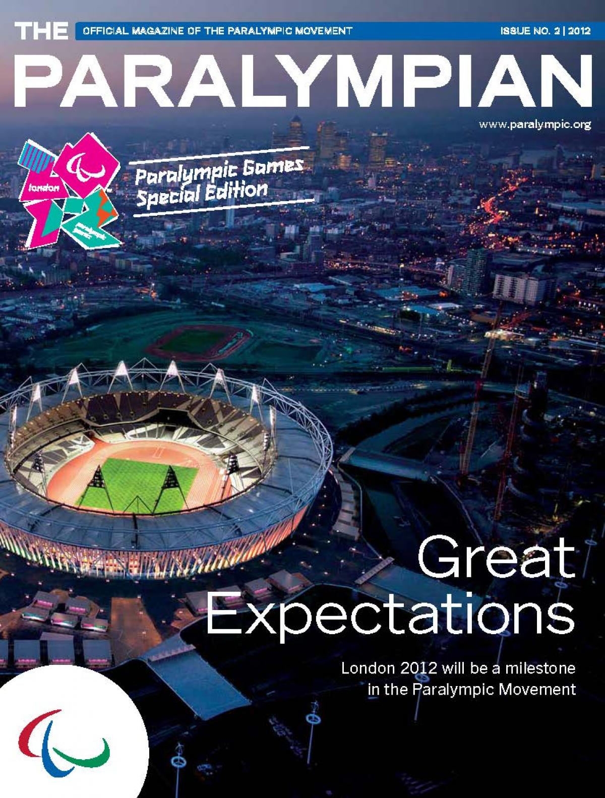 Cover photo of the magazine Paralympian showing a general aerial view of the Olympic Stadium in London with the text: Great Expectations, London 2012 will be a milestone in the Paralympic Movement.
