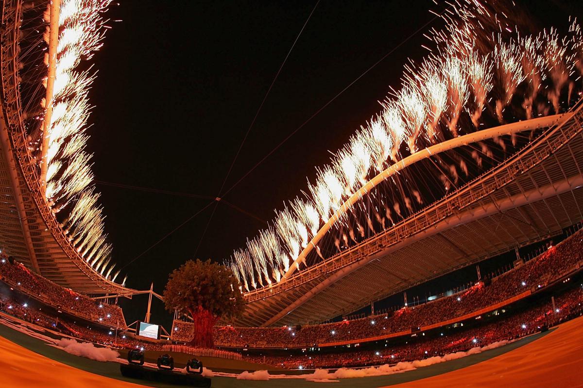 The firework during the Athens 2004 Paralympic Games' Opening Ceremony A picture of a firework in a stadium