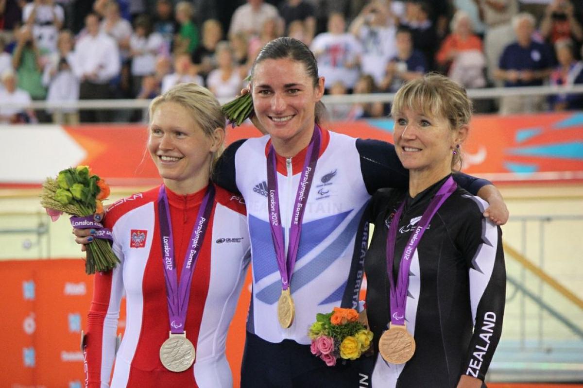 Sarah Storey A picture of 3 womens on a podium