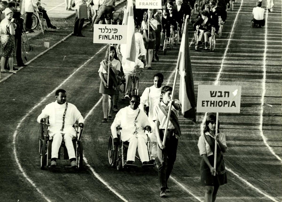Tel Aviv 1968 Paralympic Games A picture of wheelchair athletes parade