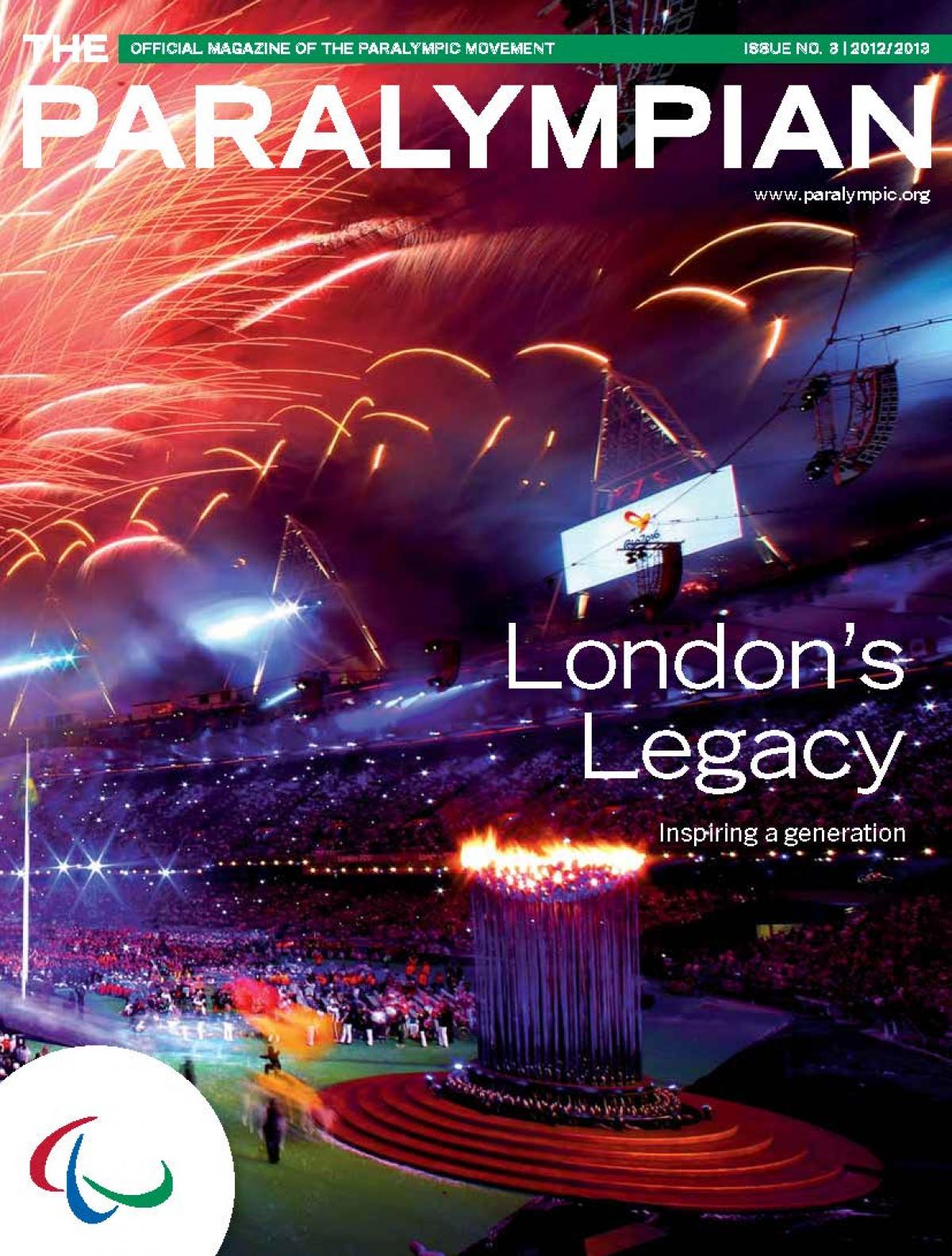 Cover photo of the magazine Paralympian showing fireworks light up the stadium during the closing ceremony at the London 2012 Paralympic Games