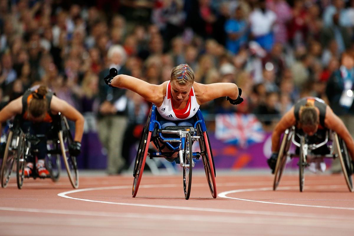 A picture of a woman in a wheelchair during an athletics race