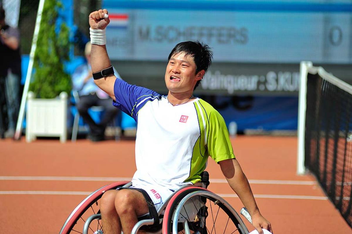 Wheelchair tennis player Shingo Kunieda of Japan celebrates