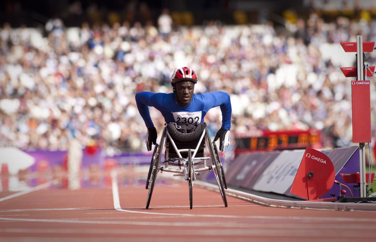 Demba Jarju of Gambia competes in the Men's 800m -T34 race at the London 2012 Paralympic Games