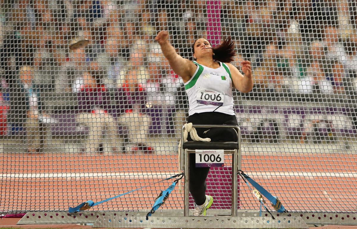 Nassima Saifi of Algeria competes in the Women's Discus Throw - F57/58 Final at the London 2012 Paralympic Games
