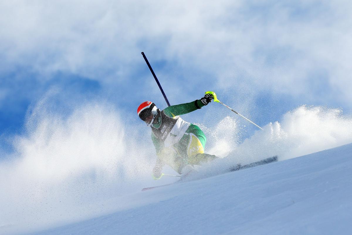 Melissa Perrine of Australia competes in the Womens Slalom Visually Impaired 