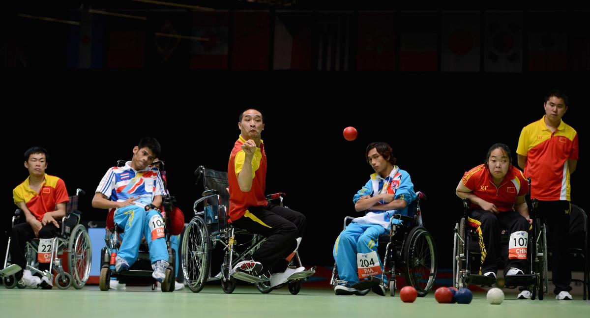 Zhiqiang Yan boccia player taking a shot at London 2012