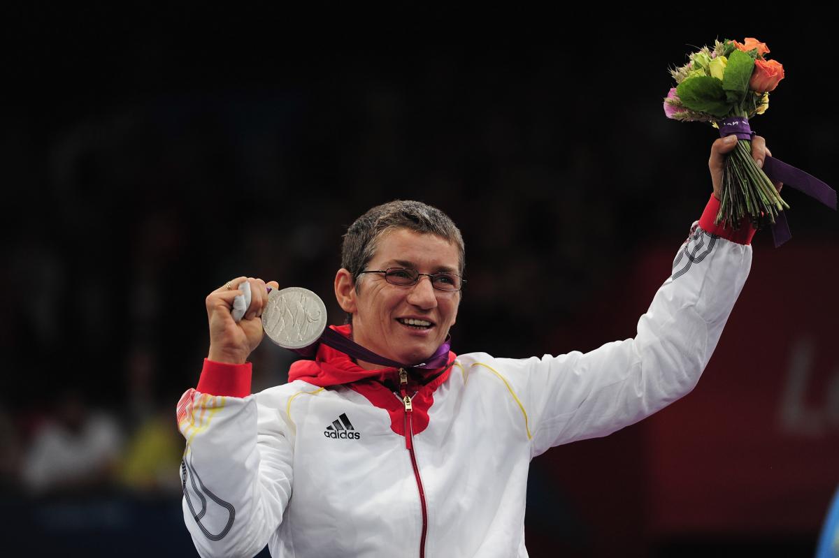 Simone Briese-Baetke of Germany wins Silver during her Womens Epee Category B on day 7 of the London 2012 Paralympic Games