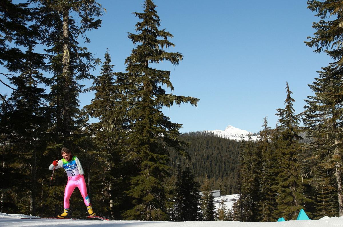 Oleg Syssolyatin of Kazakhstan competes in the Men's 10km Standing Cross-Country Skiing at Vancouver 2010