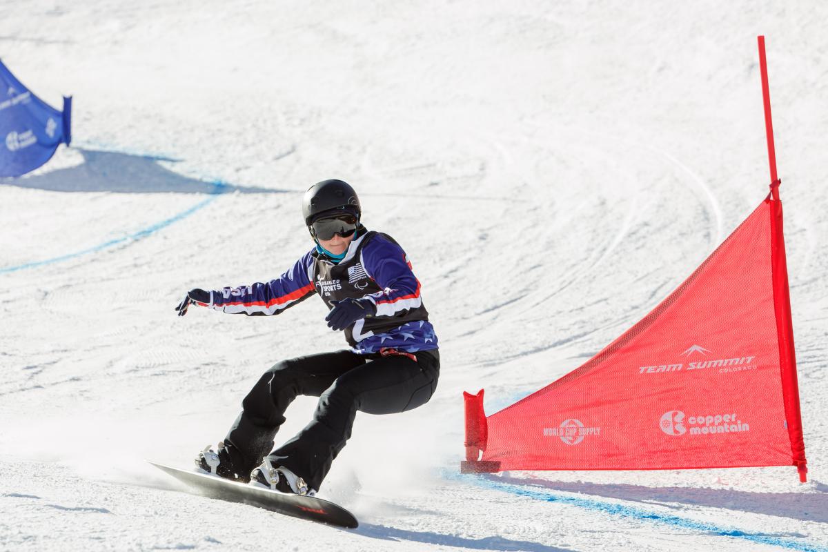 Heidi-Jo Duce Heid-Jo Duce on her snowboard at a slalom event.