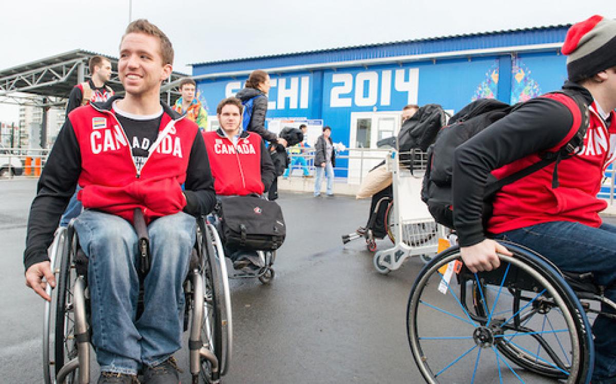 Marc Dorion and Brad Bowden from the Team Canada Sledge Hockey Team arrive in Sochi for the 2014 Paralympic Winter Games.