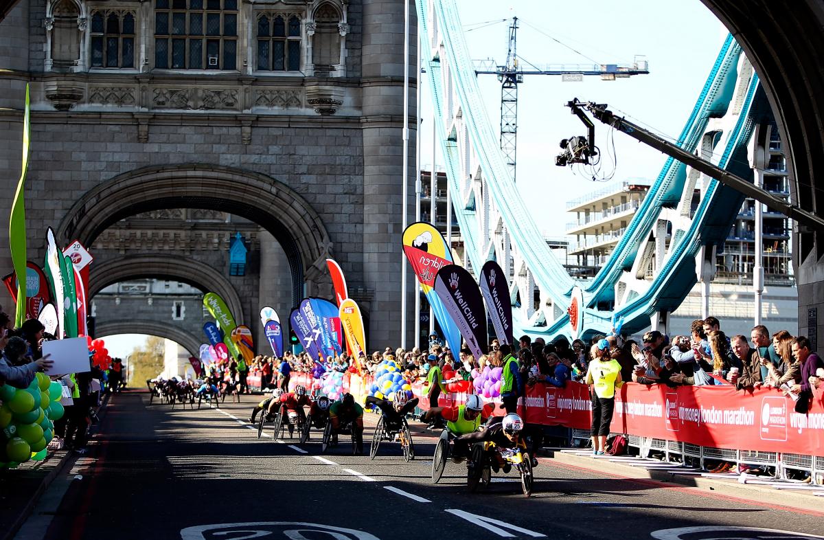 London Marathon 2014 Men's wheelchair racers cross Tower Bridge in the 2014 Virgin Money London Marathon