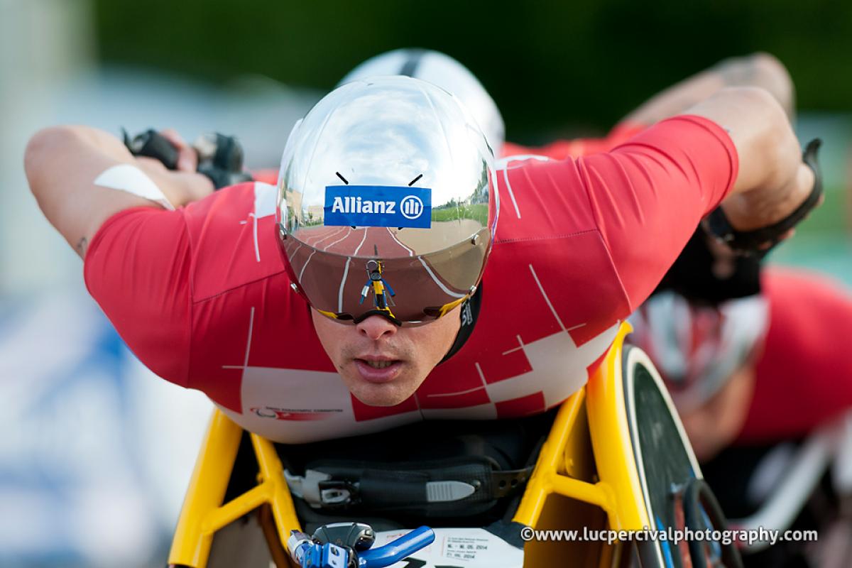 Marcel Hug powers to victory in the 2014 IPC Athletics Grand Prix in Nottwil, Switzerland.