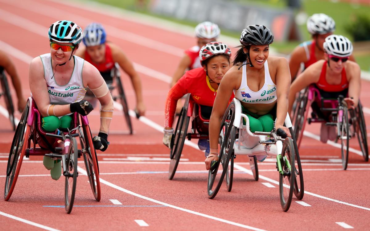 Australia's Angela Ballard and Madison de Rozario after taking second and third in the women's 800m T53 final at the 2013 IPC Athletics World Championships