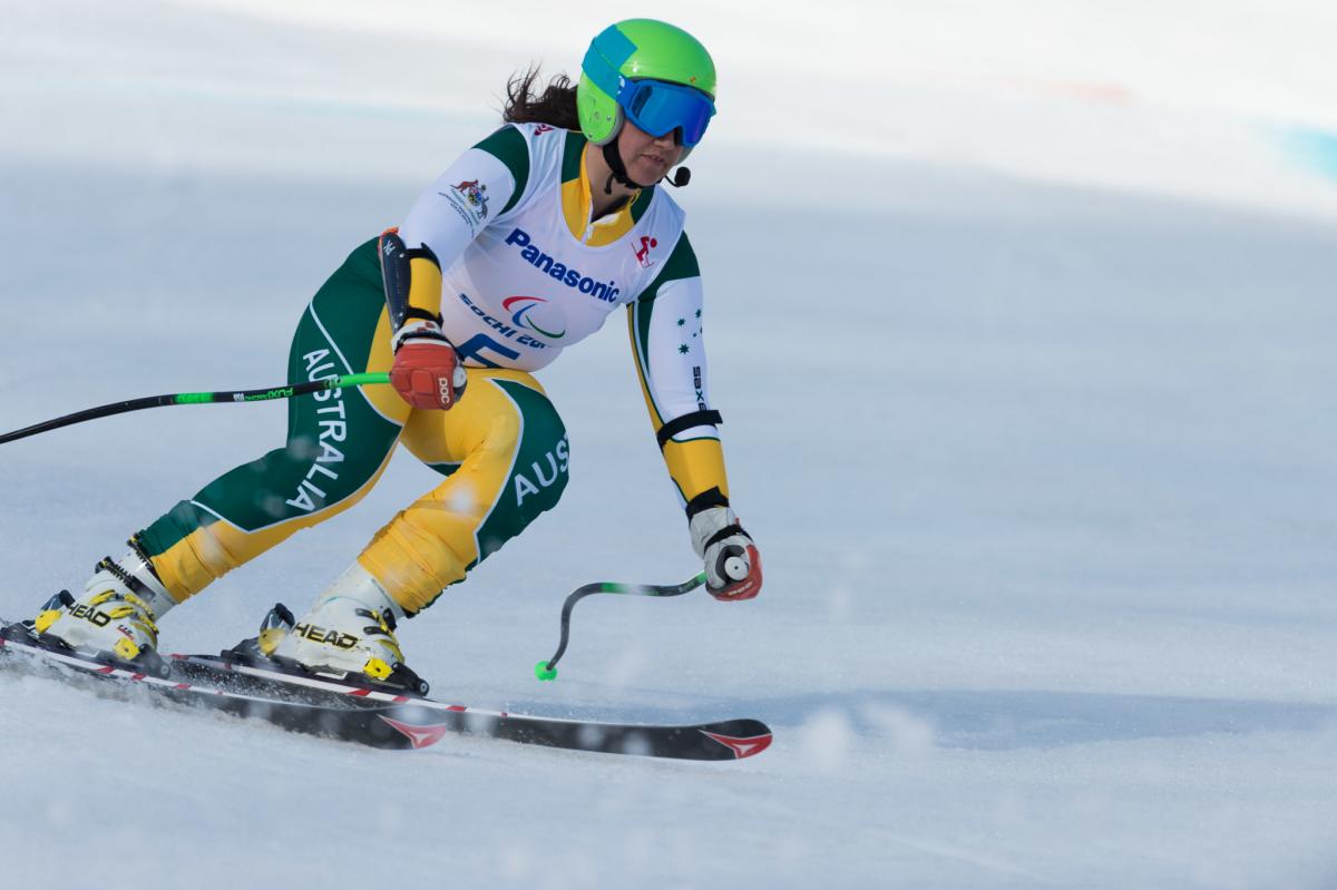 Australia's Melissa Perrine competes in the women's visually impaired super-G at the Sochi Paralympic Games 2014