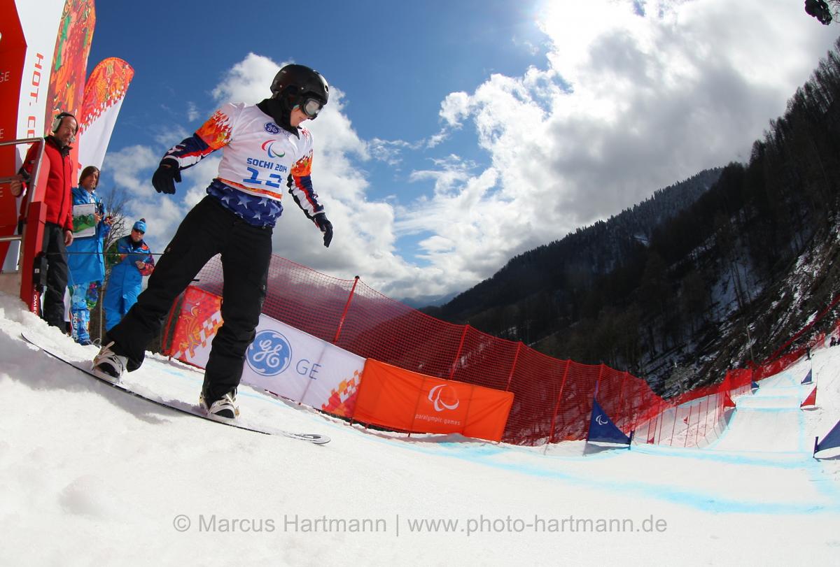 Evan Strong, USA begins his gold medal run on his snowboard.