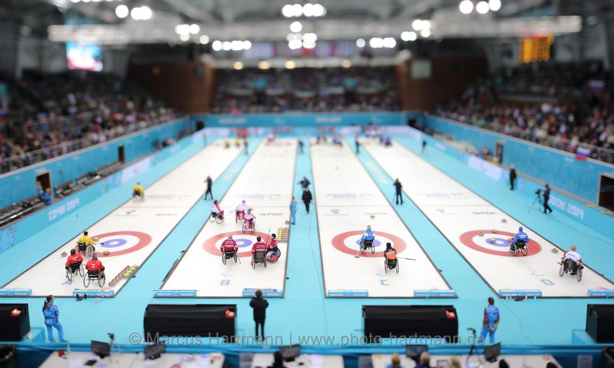 Athletes compete in the Sochi 2014 Paralympic Winter Games wheelchair curling competition.