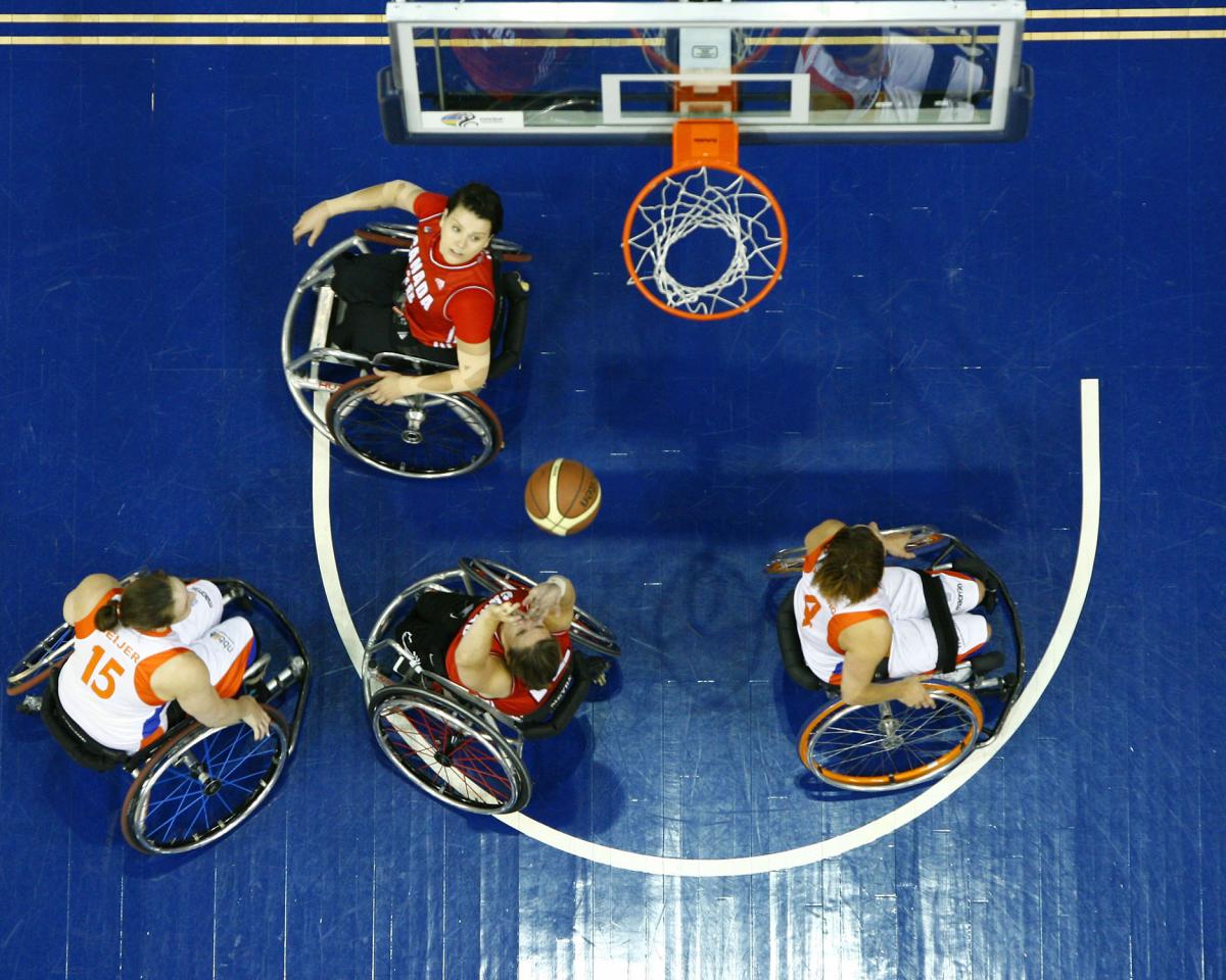 Tracey Ferguson #12 of Team Canada puts up a two pointer in Semi Final action against Team Netherlands at the 2014 Women's World Wheelchair Basketball Championships in Toronto, Canada.