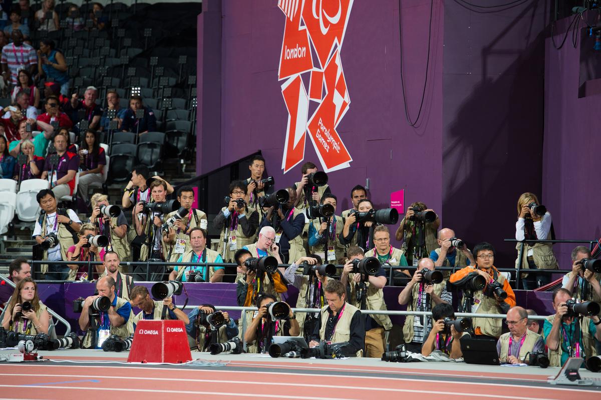 Photographers in the Olympic Stadium during the London 2012 Paralympic Games