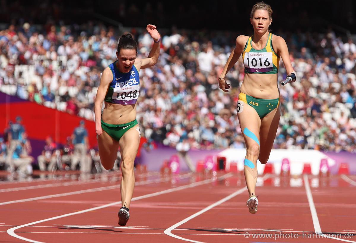 Sheila Finder, Brazil, and Carlie Beattie, Australia, in the women's 100m T46 heat at the London 2012 Paralympic Games.