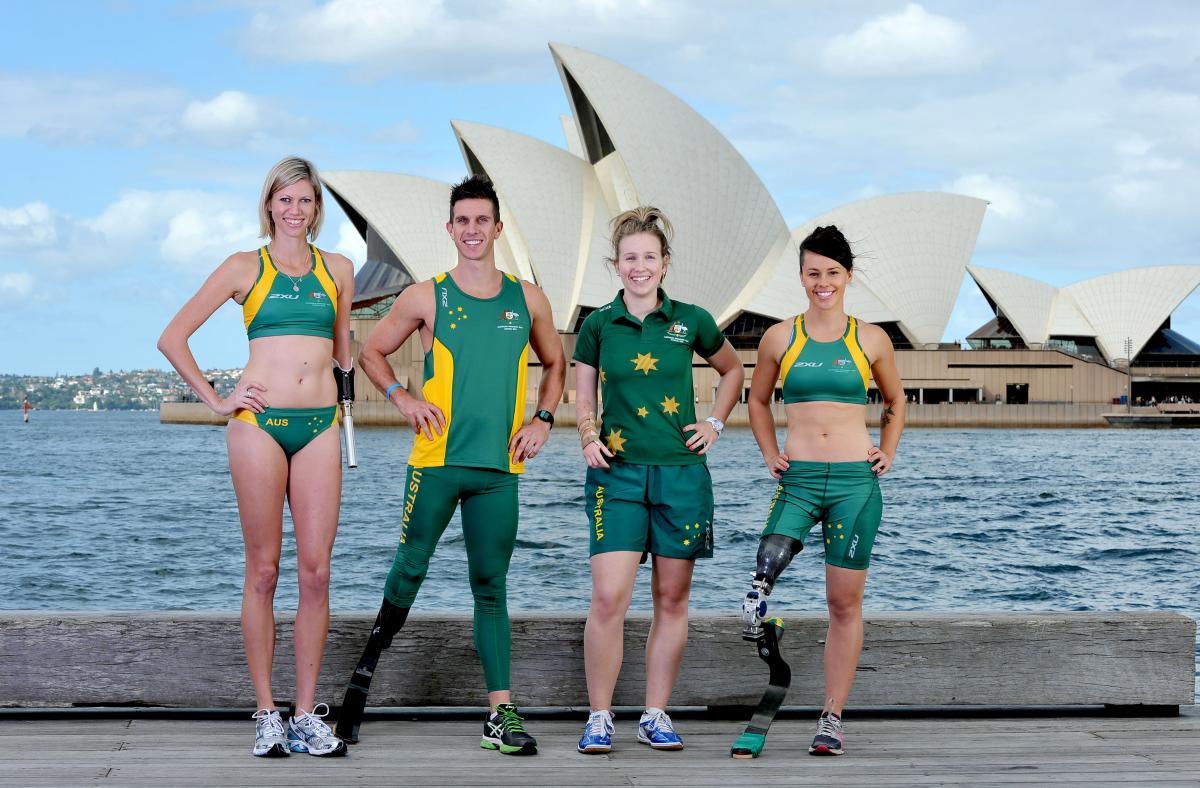 APC kit shot Australian Paralypians wear 2XU kit in front of the Sydney Opera House.