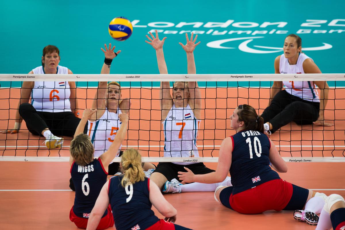 Emma WIGGS - Sitting Volleyball - London 2012 Paralympic Games Emma WIGGS, Great Britain sends the ball over Sanne BAKKER