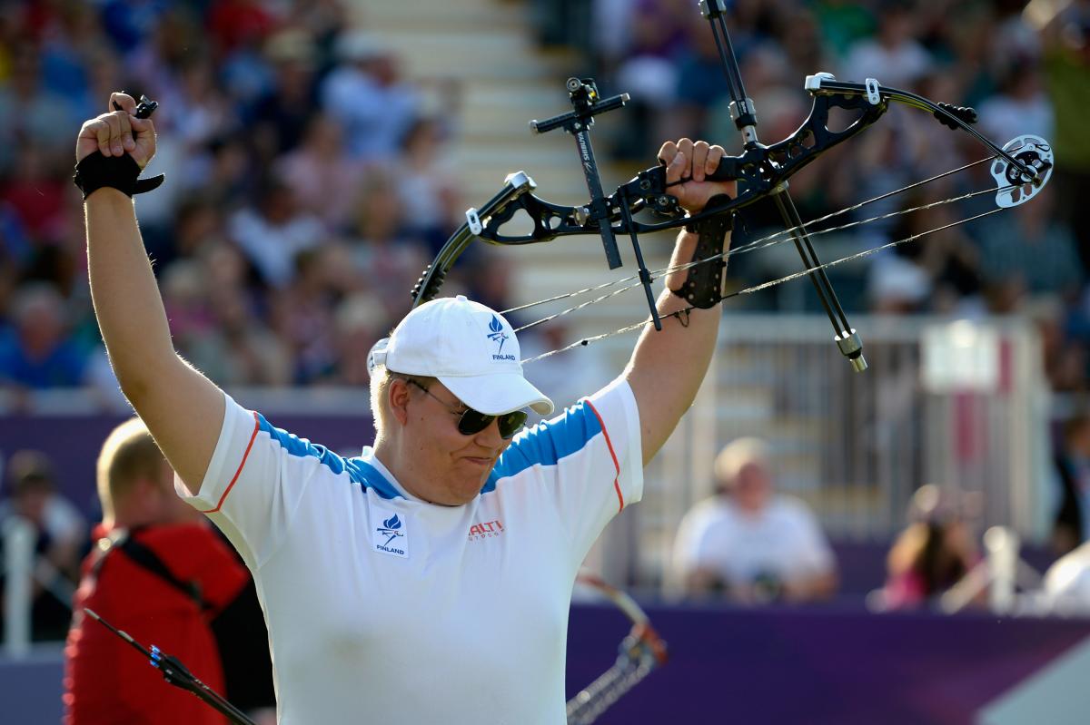 Finland's Jere Forsberg celebrates after winning the gold in the Men's Individual Compound Archery-Open at London 2012.