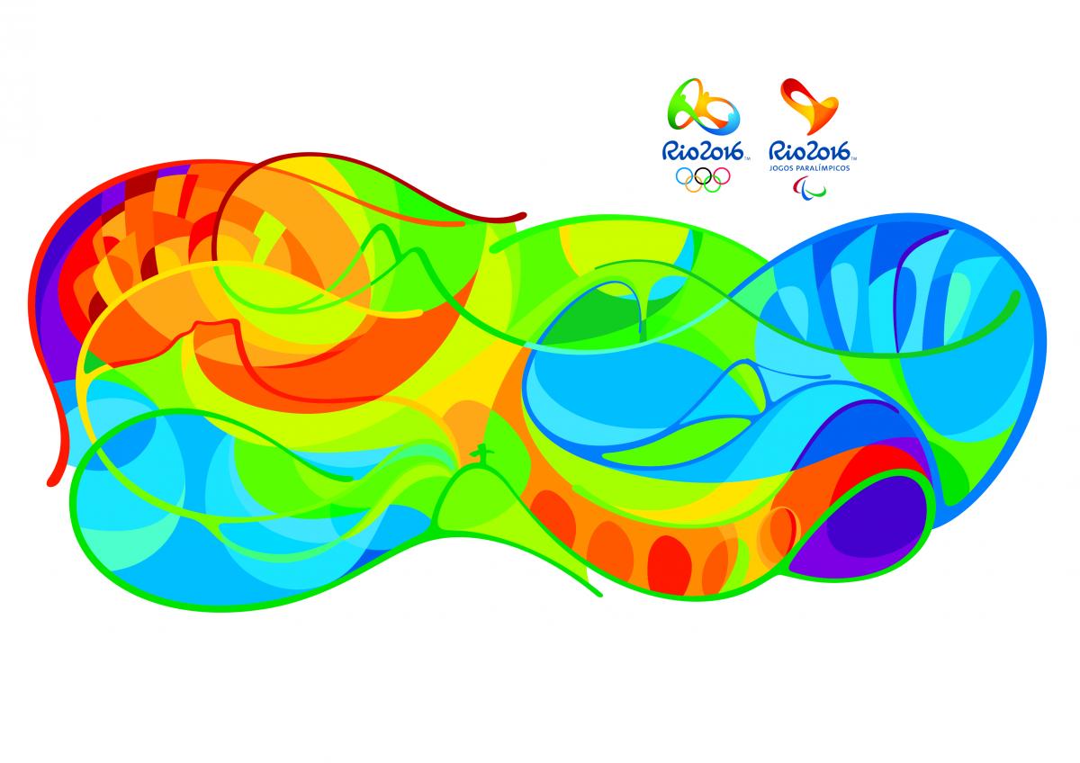 Swirly pattern of birghts colours depicting the landmarks of Rio.