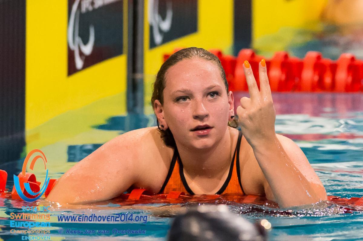 Romy Pantsers A Dutch swimmer after winning a medal at the 2014 IPC Swimming European Championships.
