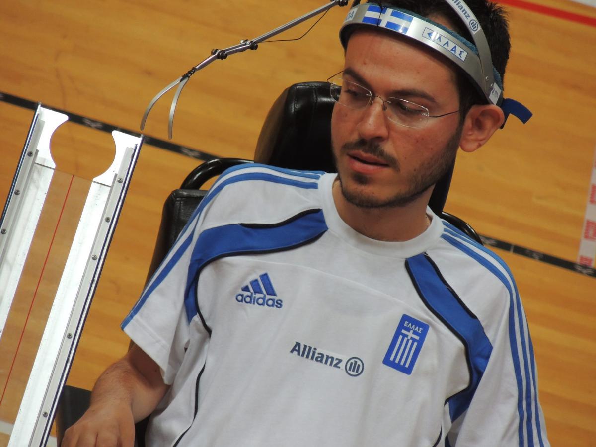 Greg Polychronidis Boccia Greece Upper body of man in wheelchair