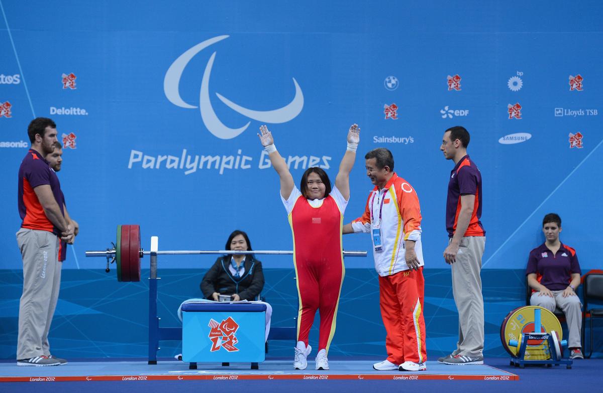 China's Yujiao Tan of China celebrates winning silver in the women's -67.50 kg powerlifting at the London 2012 Paralympic Games.