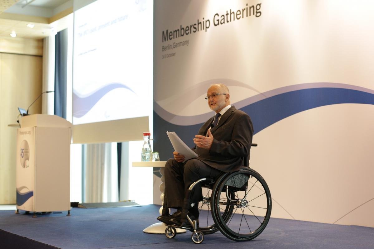 Sir Philip Craven speaking on stage