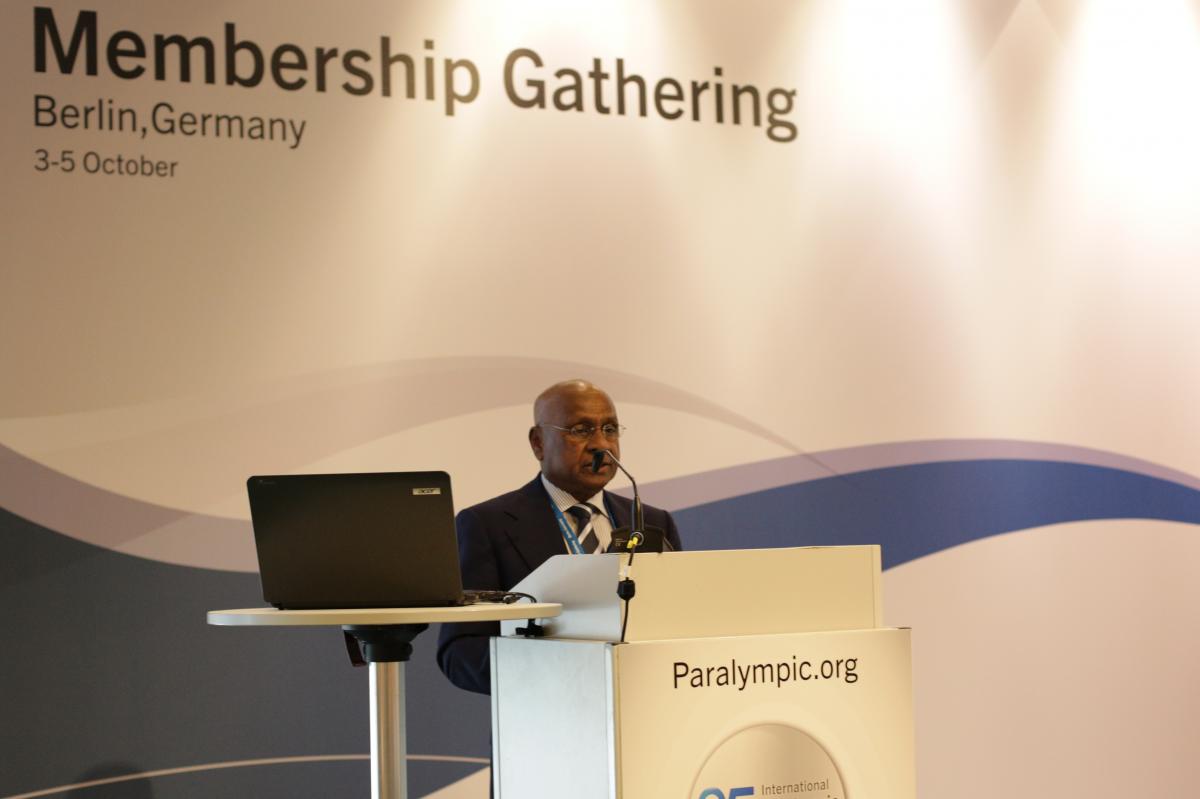 Sam Ramsamy on stage at IPC Membership Gathering