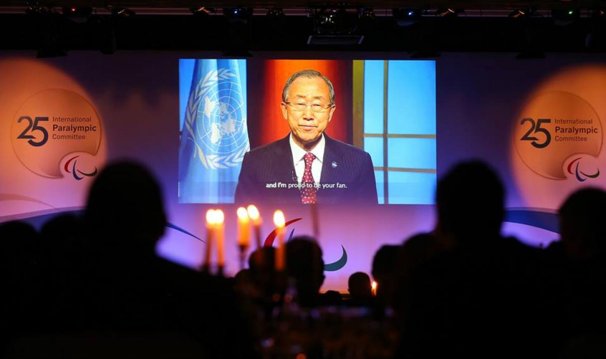 UN Secretary General Ban Ki-moon delivers a video message to the IPC Gala Dinner in Berlin, celebrating 25 years of the organisation.