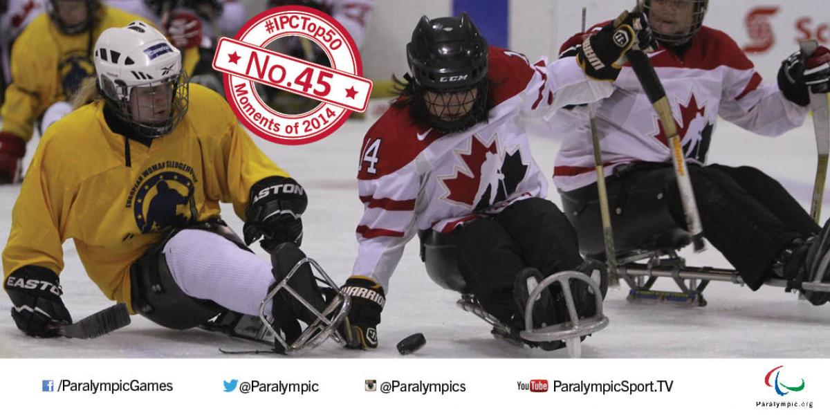 Female ice sledge hockey players