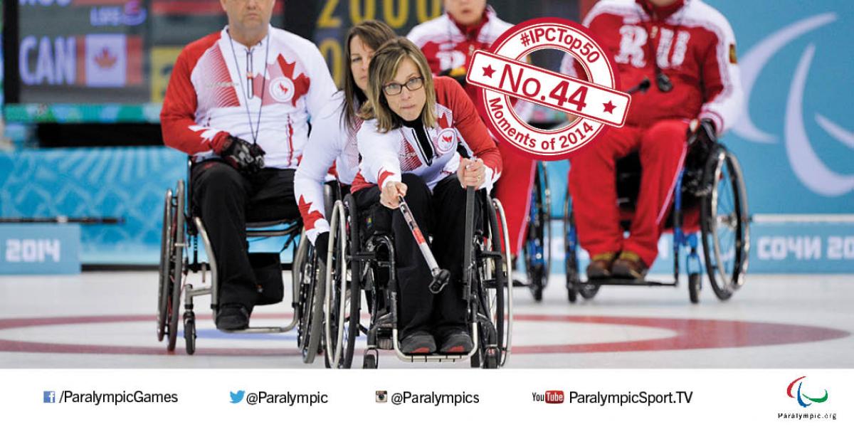 A curling team playing on the ice.