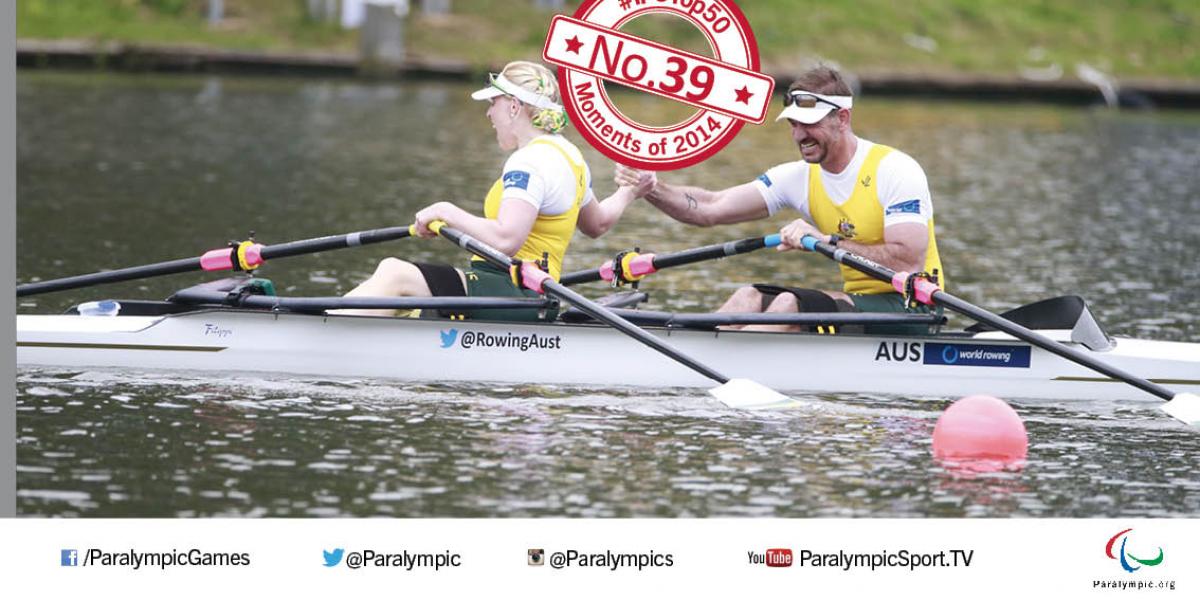 Gavin Bellis and Kathryn Ross World Championships Kathryn Ross and Gavin Bellis hold hands in celebration in boat
