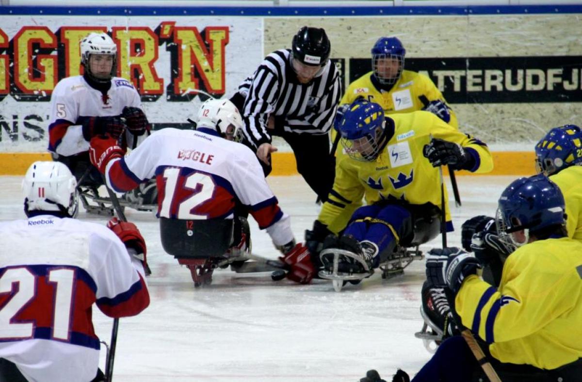 2014 Scandinavian Challenge Norway v Sweden Ice Sledge Hockey Sledge hockey players on the ice in action