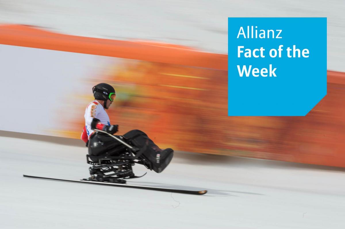 Fact of the Week: para-alpine skiing events Skier in a sit-ski racing down a slope.