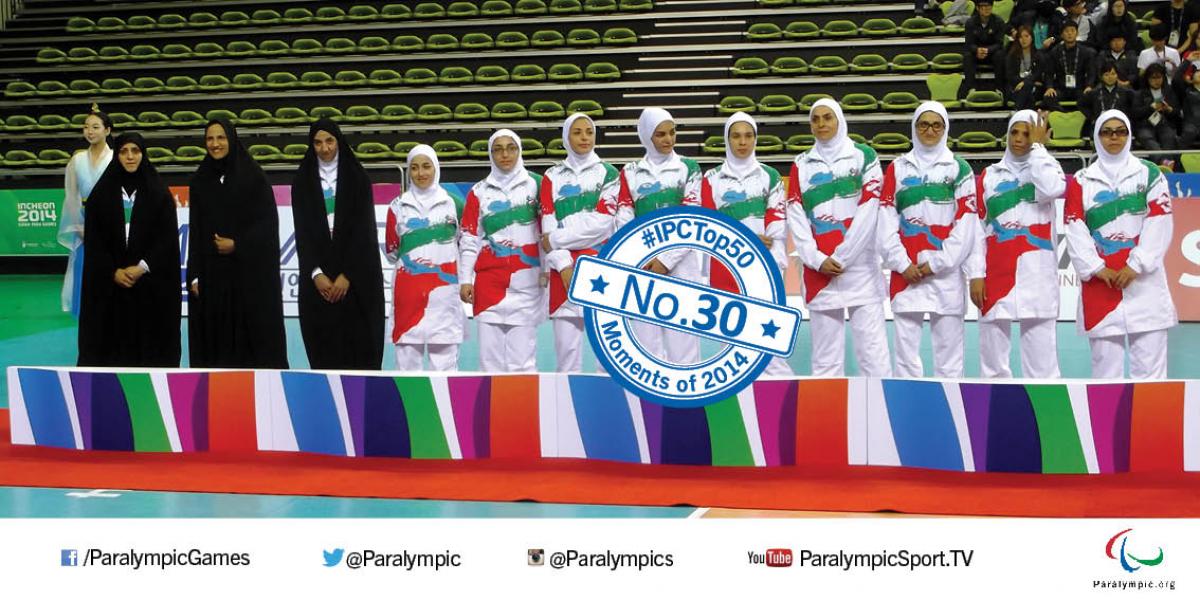 Iranian women’s sitting volleyball team at Incheon 2014 Women with headscarfs lined up