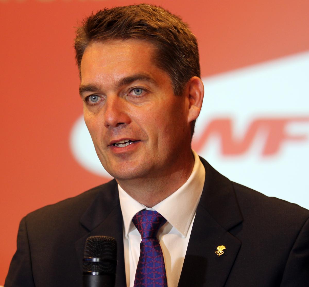 Poul-Erik Hoyer BWF President Portrait picture of man doing a speech