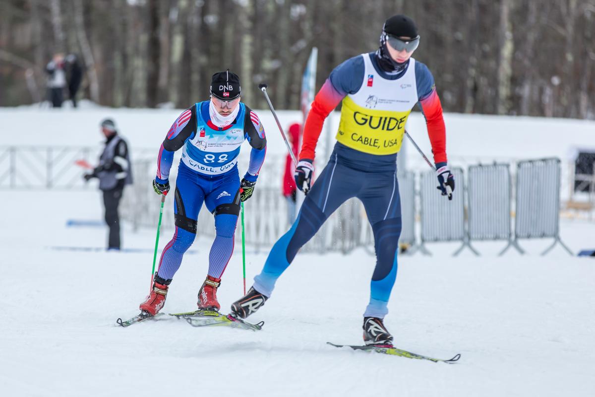 Vladimir Udaltcov and guide Ruslan Bogachev compete in the men's cross-country sprint visually impaired at Cable 2015.