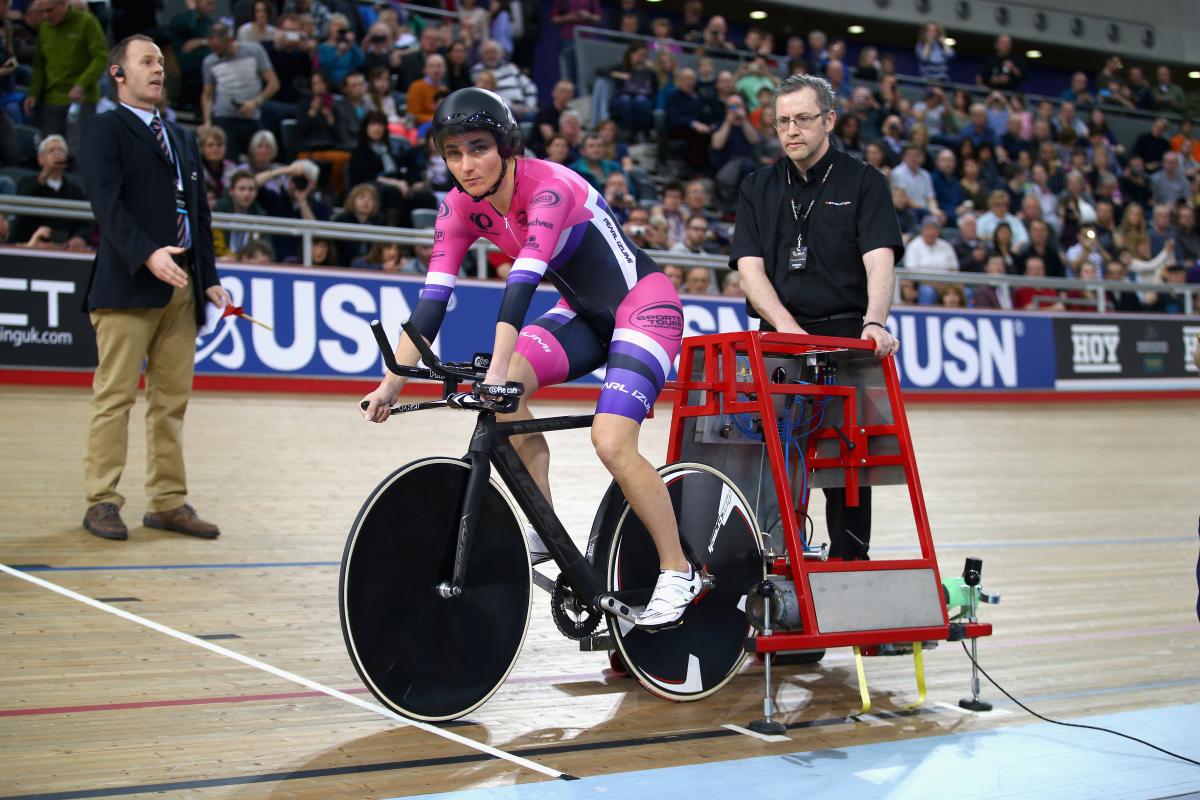 Dame Sarah Storey looks on prior to her women's hour record attempt at the Lee Valley Velodrome in London, Great Britain.