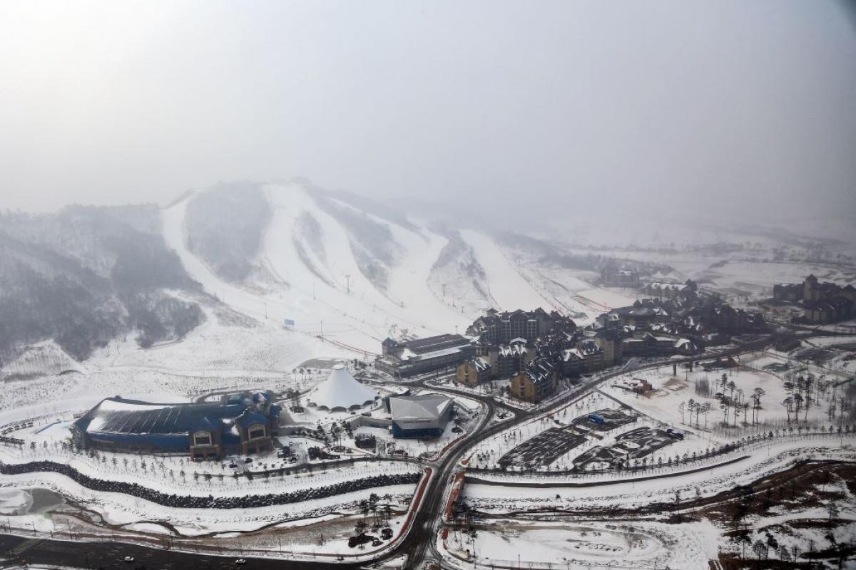 The Alpensia Resort is seen from above on February 10, 2015 in the mountain cluster of Pyeongchang, South Korea.