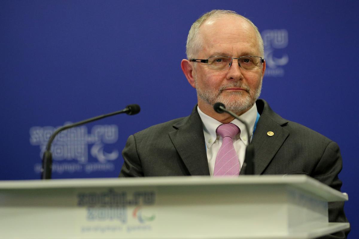 Sir Philip Craven the President of the International Paralympic Committee speaks to the International Paralympic Committee Governing Board prior to the Opening Ceremony of the Sochi 2014 Paralympic Winter Games.